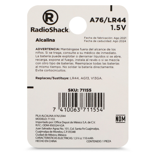 Pila para Reloj de Óxido de Plata A76/LR44 RadioShack