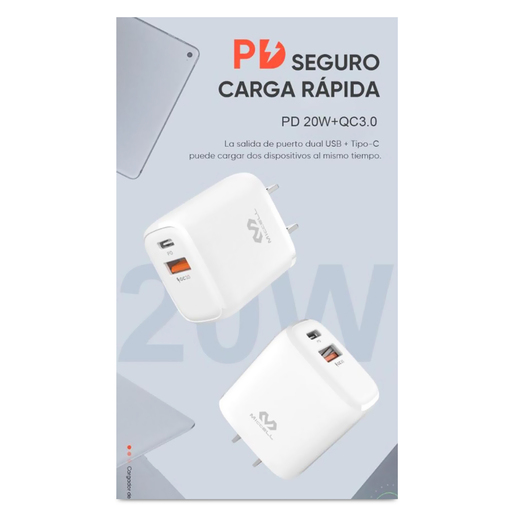 Cargador de pared tipo C + USB QC 3.0 de carga rápida