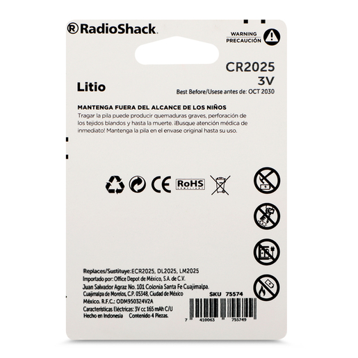 Pila de Litio Botón CR 2025 RadioShack, Pilas Litio, Pilas y Baterías, Originales RadioShack, Todas, Categoría